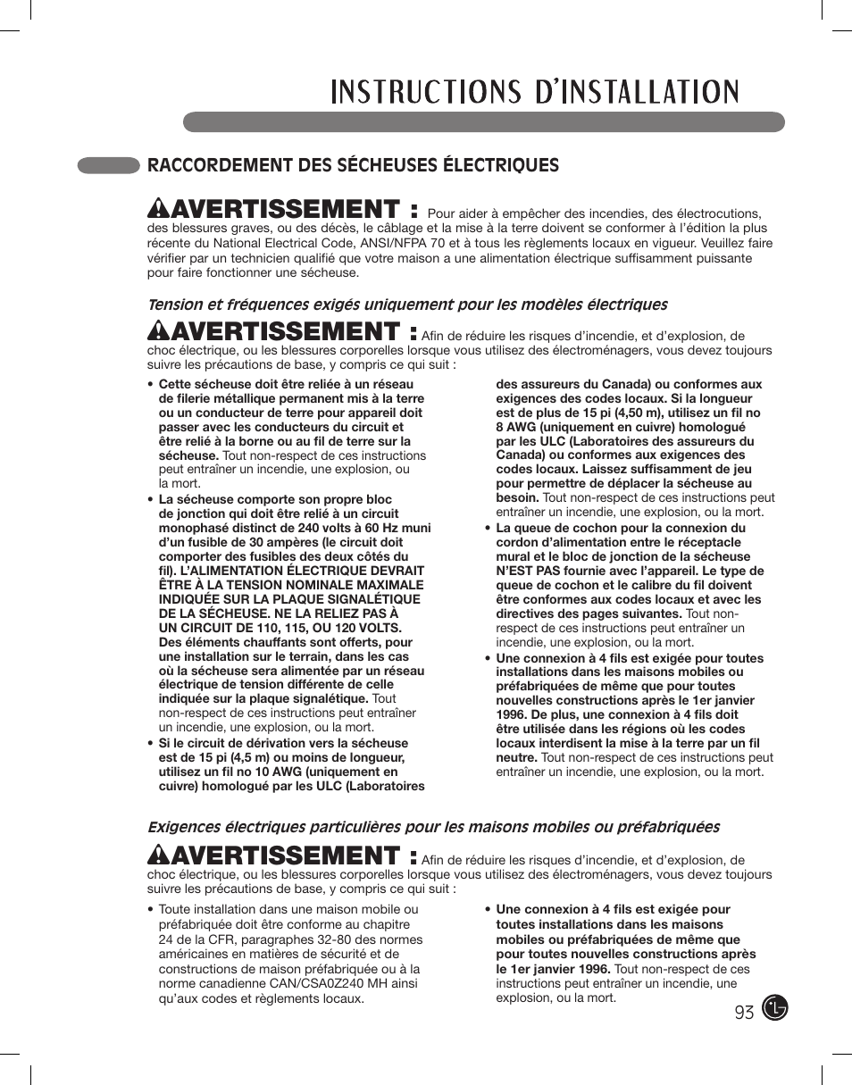 Wavertissement, Raccordement des sécheuses électriques | LG DLE2101W User Manual | Page 93 / 112