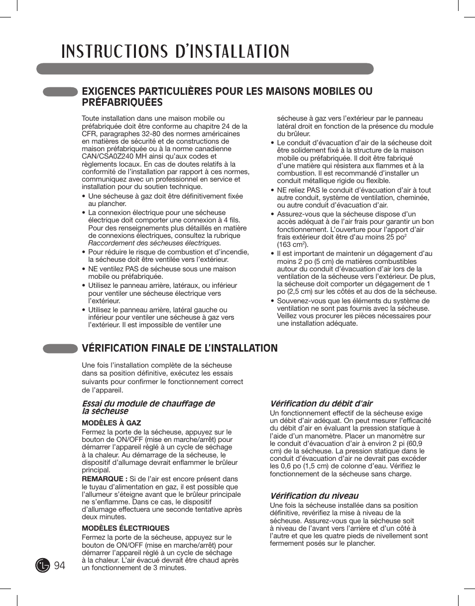 Vérification finale de l’installation | LG DLE2101W User Manual | Page 94 / 112