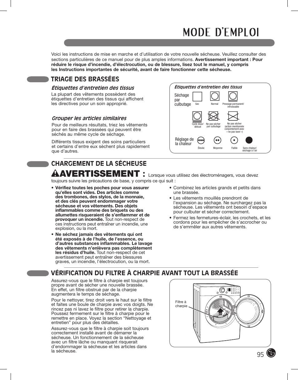 Wavertissement, Chargement de la sécheuse, Triage des brassées | LG DLE2101W User Manual | Page 95 / 112