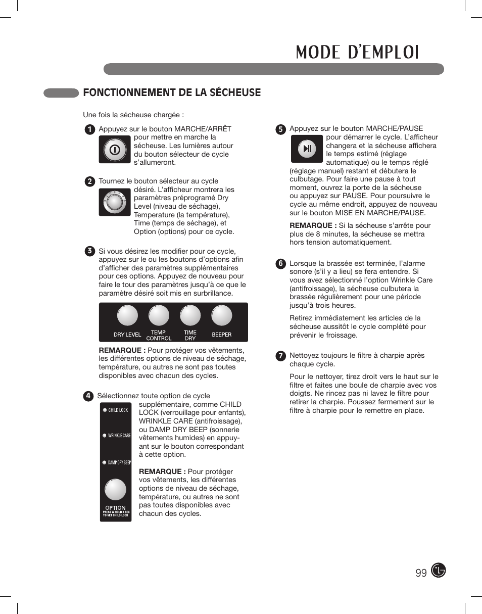Fonctionnement de la sécheuse | LG DLE2101W User Manual | Page 99 / 112