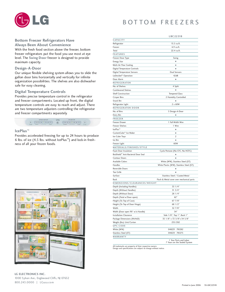 Design-a-door, Digital temperature controls, Iceplus | And lock-in fresh- ness of all your frozen foods | LG LBC22518 User Manual | Page 2 / 2