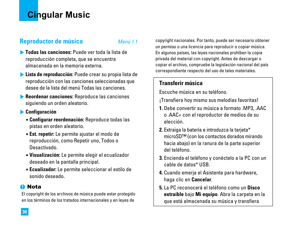 Cingular music, Reproductor de música | LG CU500 User Manual | Page 142 / 218