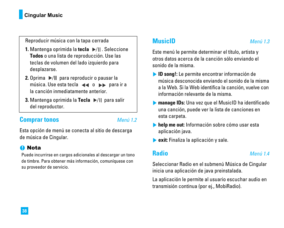 Comprar tonos, Musicid, Radio | LG CU500 User Manual | Page 144 / 218