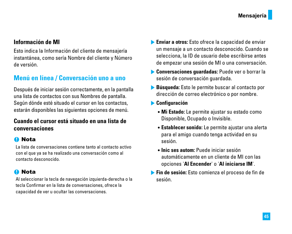 Menú en línea / conversación uno a uno | LG CU500 User Manual | Page 151 / 218