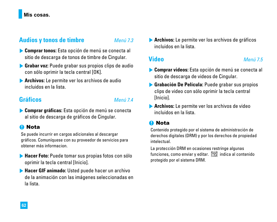 Audios y tonos de timbre, Gráficos, Video | LG CU500 User Manual | Page 168 / 218