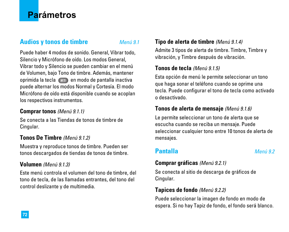 Parámetros, Audios y tonos de timbre, Pantalla | LG CU500 User Manual | Page 178 / 218