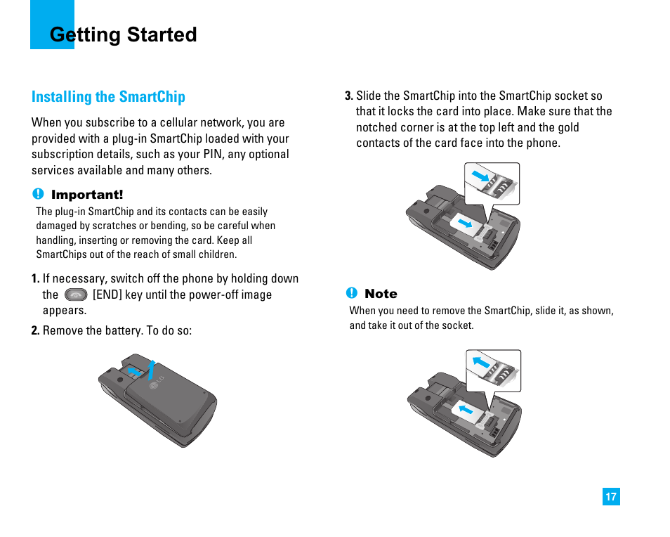 Getting started, Installing the smartchip | LG CU500 User Manual | Page 19 / 218