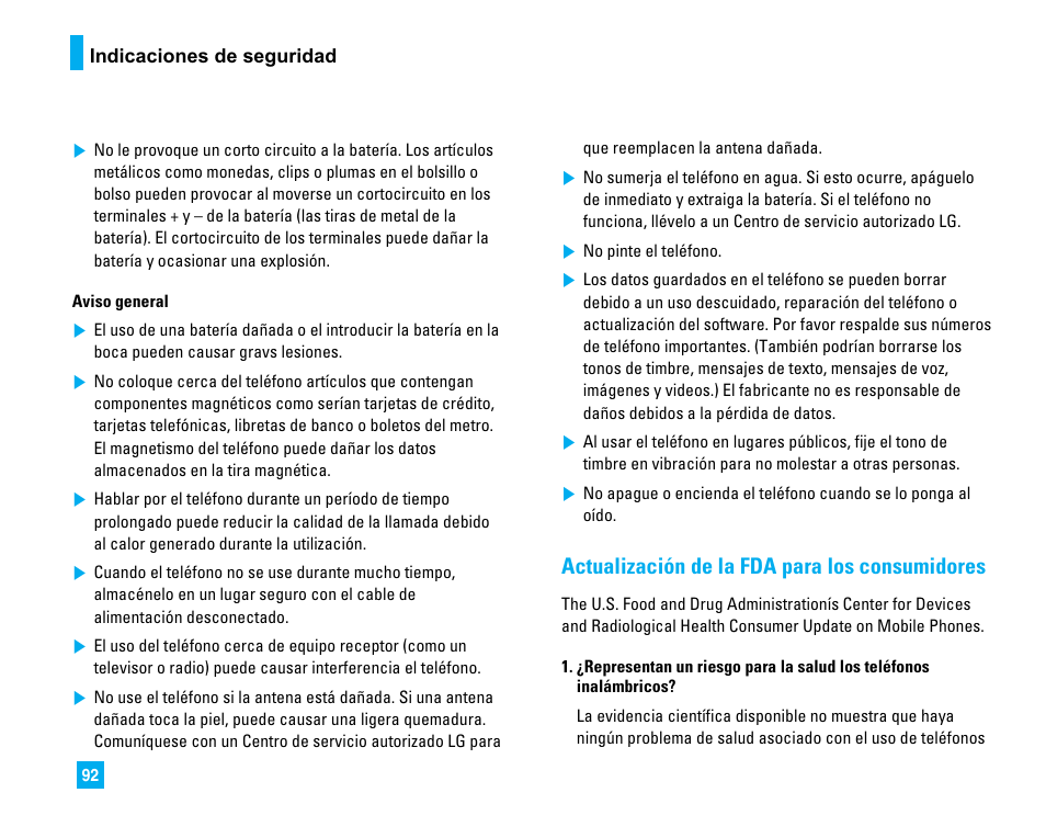 Actualización de la fda para los consumidores | LG CU500 User Manual | Page 198 / 218