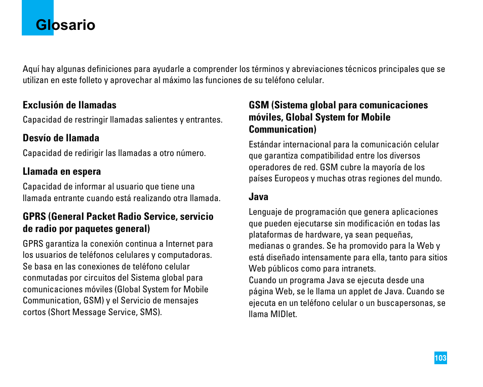 Glosario | LG CU500 User Manual | Page 209 / 218