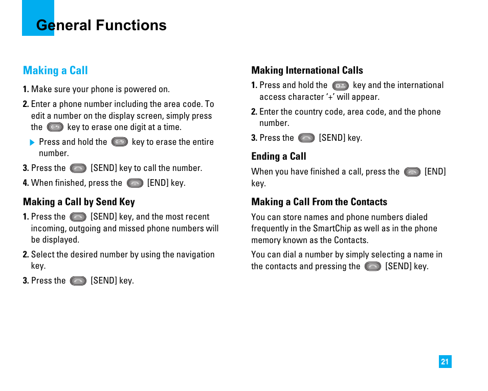 General functions, Making a call | LG CU500 User Manual | Page 23 / 218