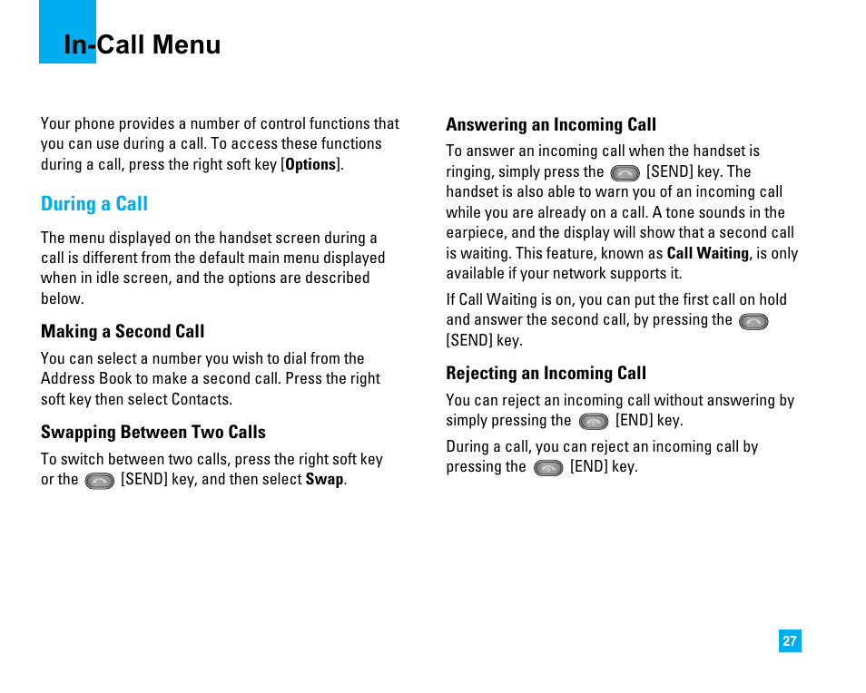 In-call menu, During a call | LG CU500 User Manual | Page 29 / 218