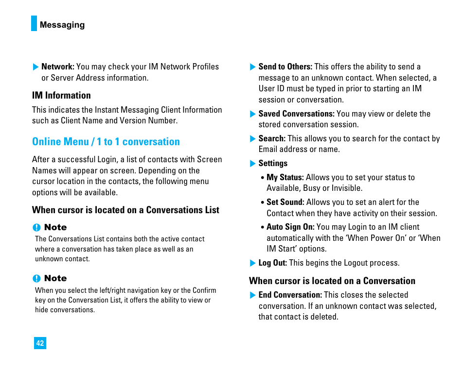 Online menu / 1 to 1 conversation | LG CU500 User Manual | Page 44 / 218