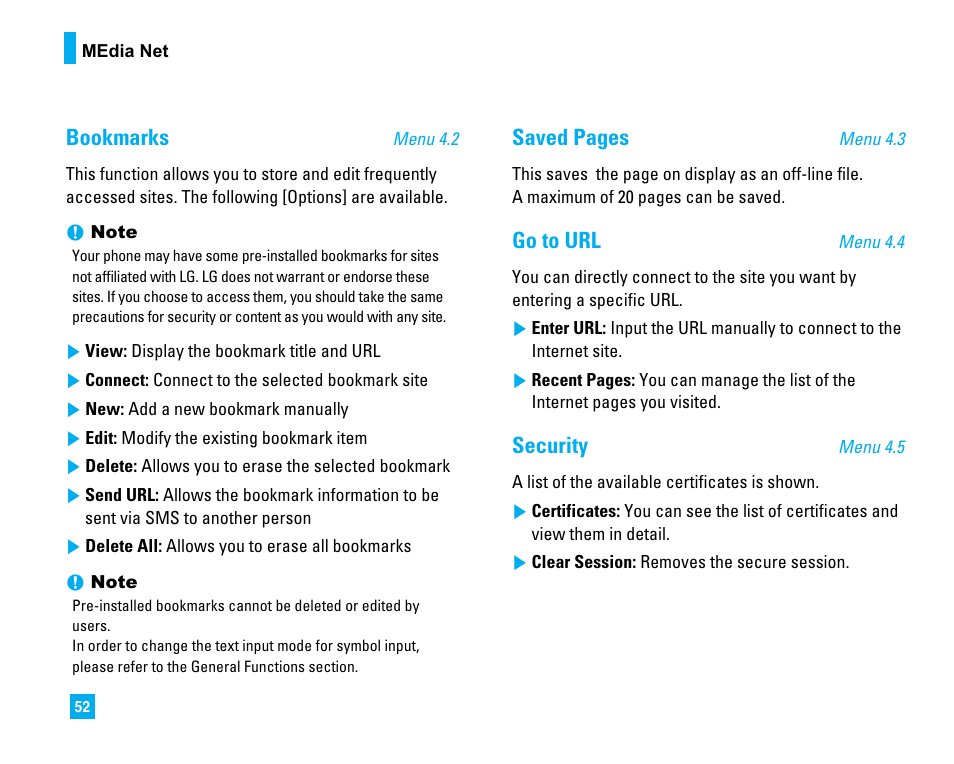 Bookmarks, Saved pages, Go to url | Security | LG CU500 User Manual | Page 54 / 218
