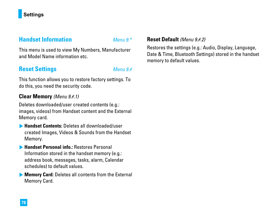 Handset information, Reset settings | LG CU500 User Manual | Page 80 / 218