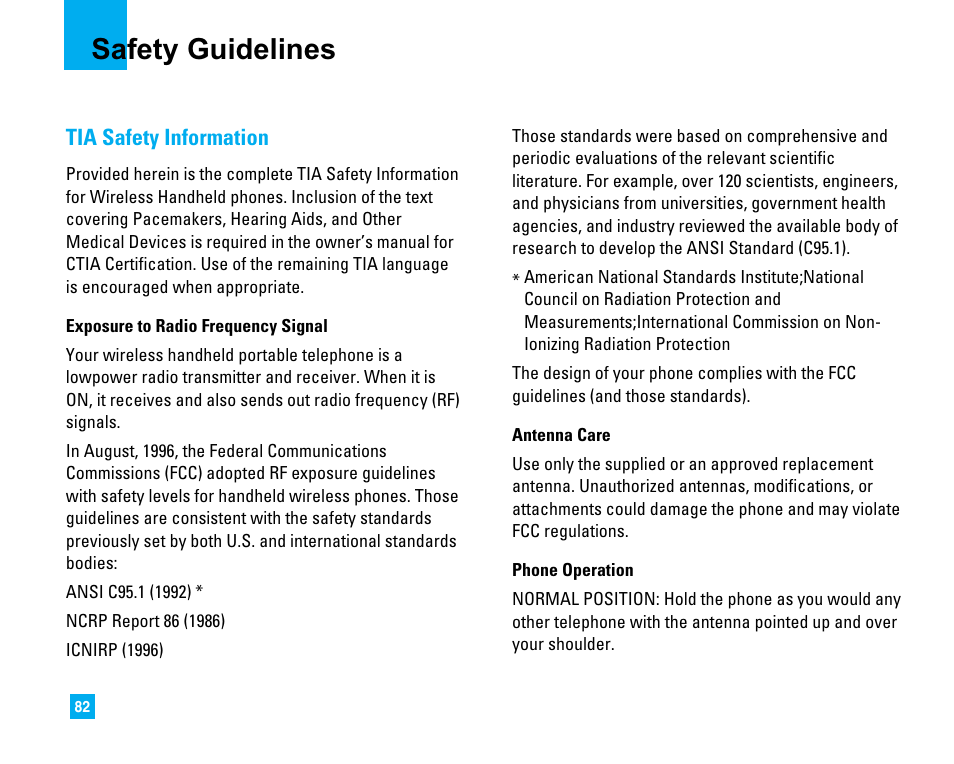 Safety guidelines, Tia safety information | LG CU500 User Manual | Page 84 / 218