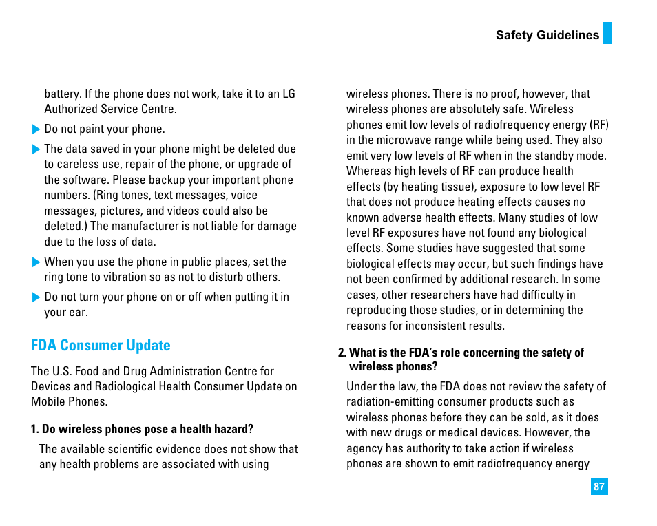 Fda consumer update | LG CU500 User Manual | Page 89 / 218