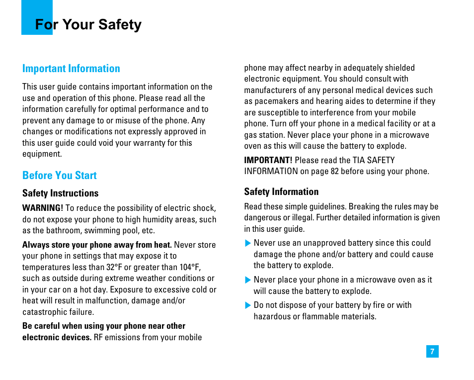 For your safety, Important information, Before you start | LG CU500 User Manual | Page 9 / 218