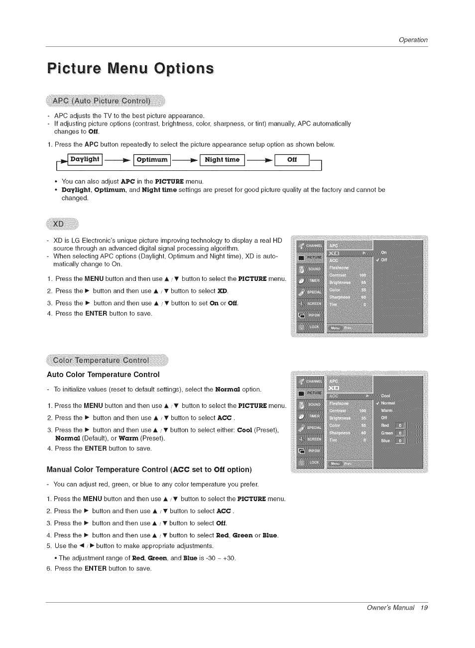 Picture menu options | LG RU-42PX10C User Manual | Page 19 / 44