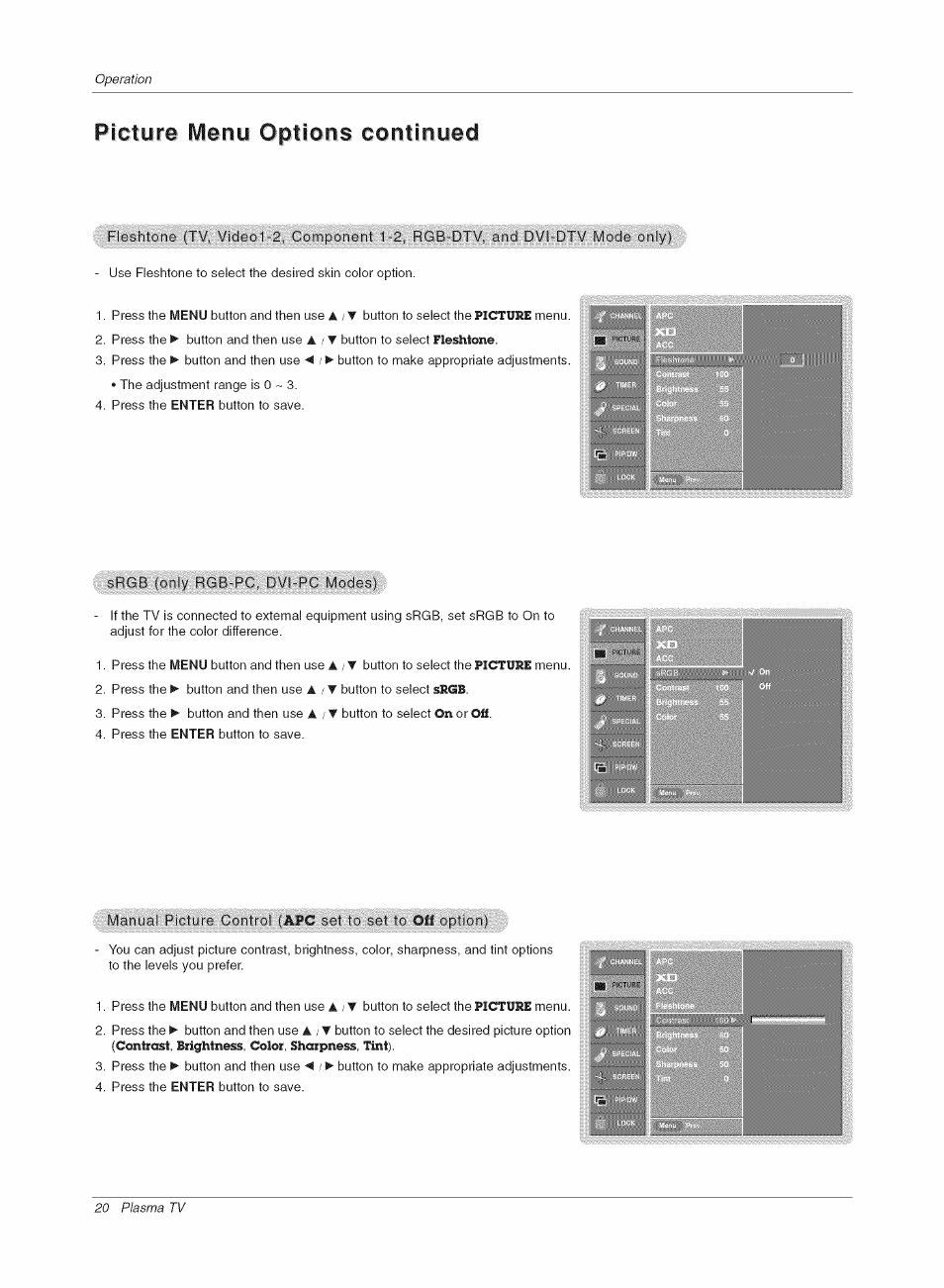Picture menu options continued | LG RU-42PX10C User Manual | Page 20 / 44