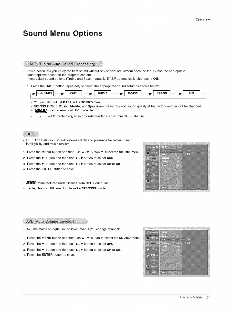 Sound menu options | LG RU-42PX10C User Manual | Page 21 / 44