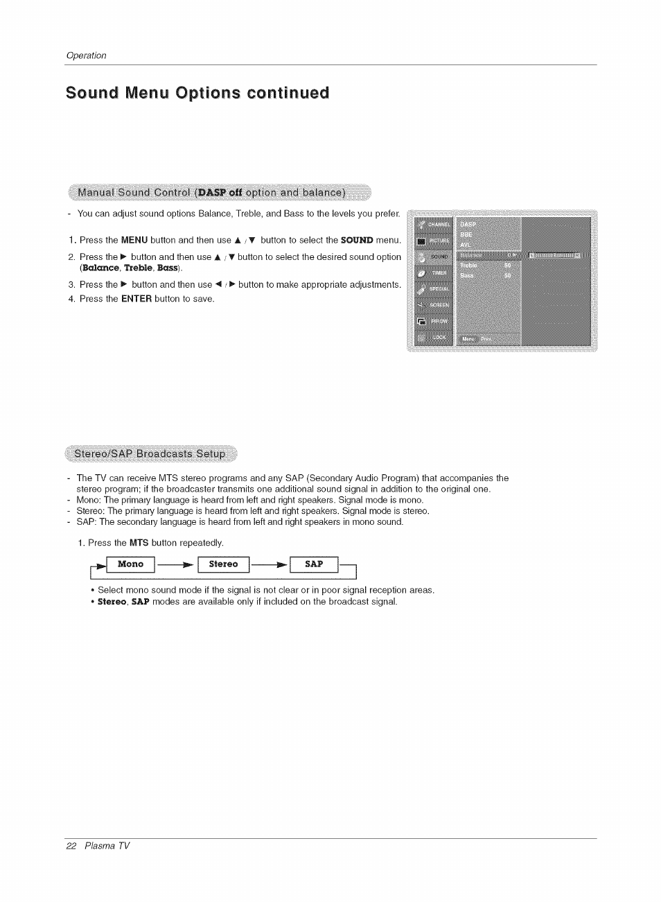 Sound ivlenu options continued | LG RU-42PX10C User Manual | Page 22 / 44
