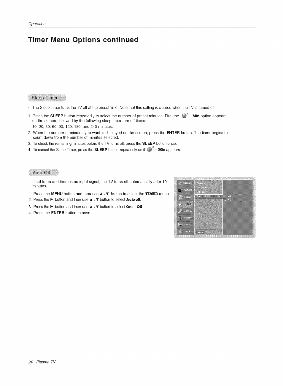 Timer ivlenu options continued | LG RU-42PX10C User Manual | Page 24 / 44