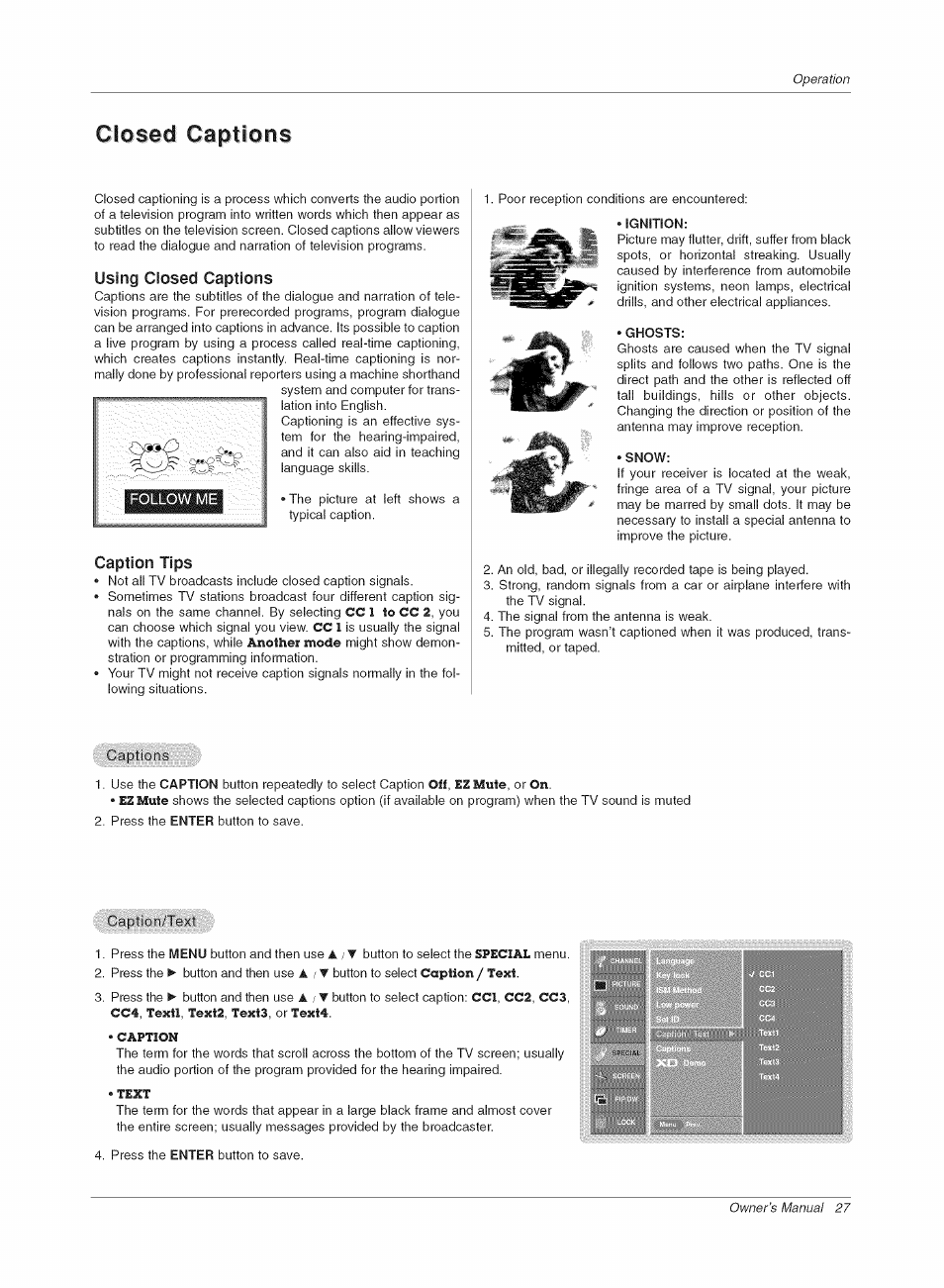 Using closed captions, Caption tips, Ignition | Ghosts, Snow, Closed captions | LG RU-42PX10C User Manual | Page 27 / 44