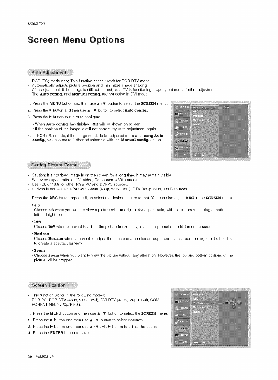 Screen menu options | LG RU-42PX10C User Manual | Page 28 / 44