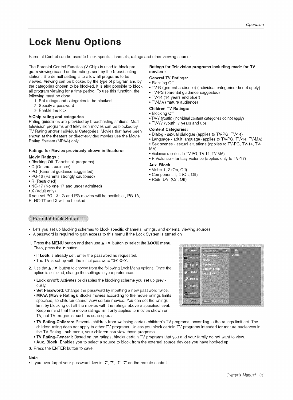 Ratings for movies previously shown in theaters, Aux. block, Lock menu options | LG RU-42PX10C User Manual | Page 31 / 44