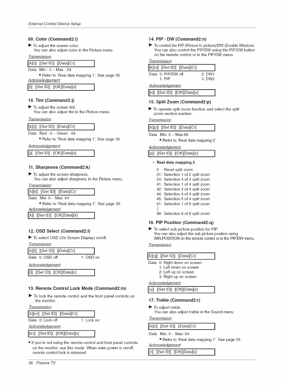 Color (command2:i), Tint (command2:j), Sharpness (command2:k) | Osd select (command2:l), Remote control lock mode (command2:m), Pip / dw(command2:n), Split zoom (command2:p), Real data mapping 2, Pip position (command2:q), Treble (command2:r) | LG RU-42PX10C User Manual | Page 36 / 44