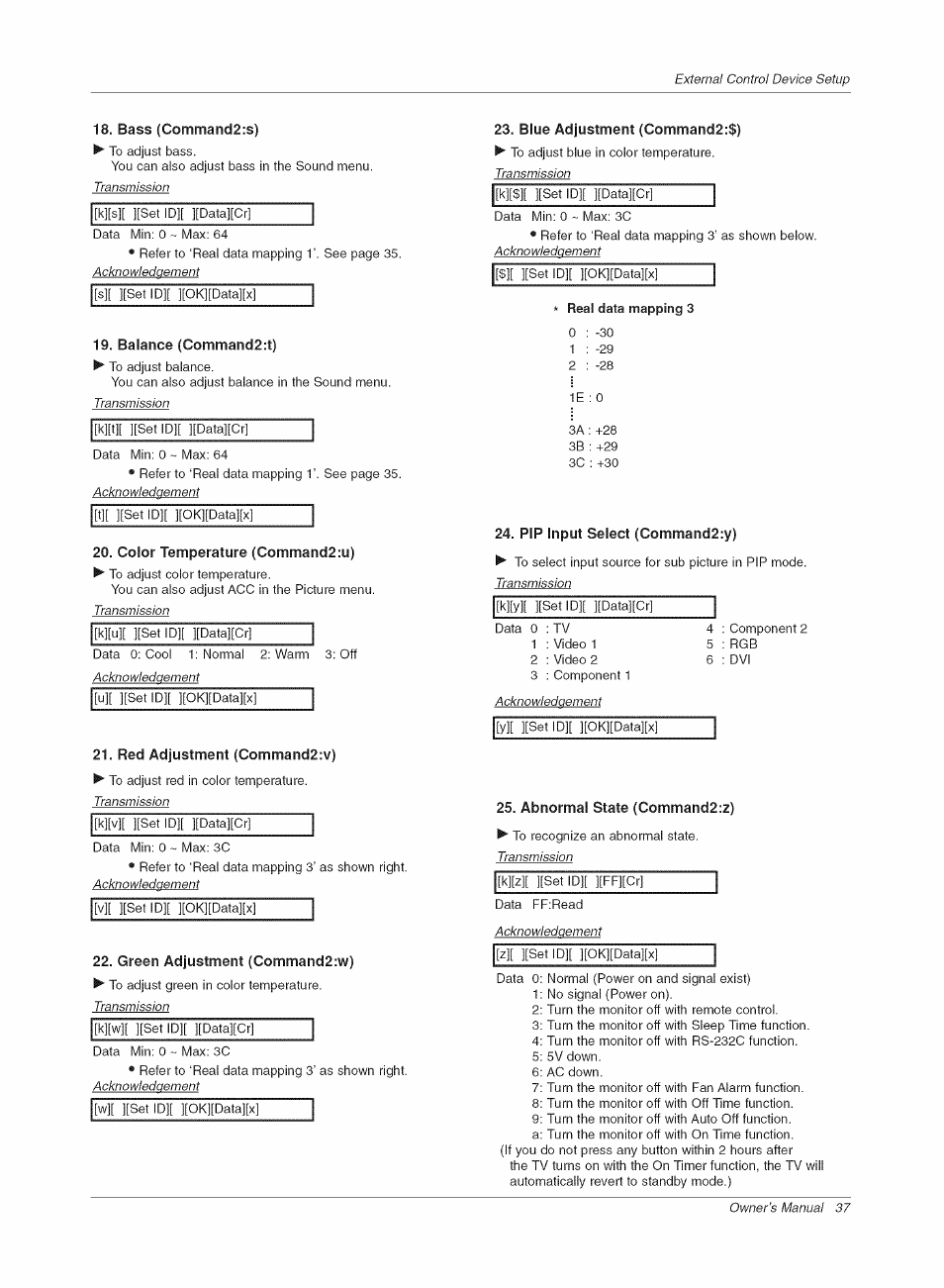 Bass (command2:s), Balance (command2:t), Color temperature (command2:u) | Red adjustment (command2:v), Green adjustment (command2:w), Blue adjustment (command2:$), Real data mapping 3, Pip input select (command2:y), Abnormal state (command2:z) | LG RU-42PX10C User Manual | Page 37 / 44