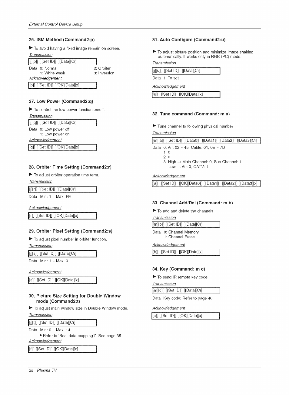 Ism method (command2:p), Low power (command2:q), Orbiter time setting (command2:r) | Orbiter pixel setting (command2:s), Auto configure (command2:u), Tune command (command: m a), Channel add/del (command: m b), Key (command: m c) | LG RU-42PX10C User Manual | Page 38 / 44