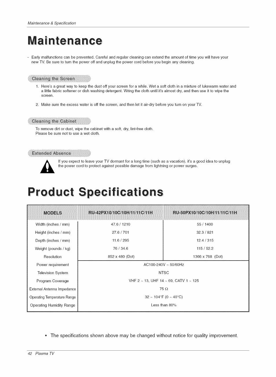 Maintenance, Product specifications | LG RU-42PX10C User Manual | Page 42 / 44