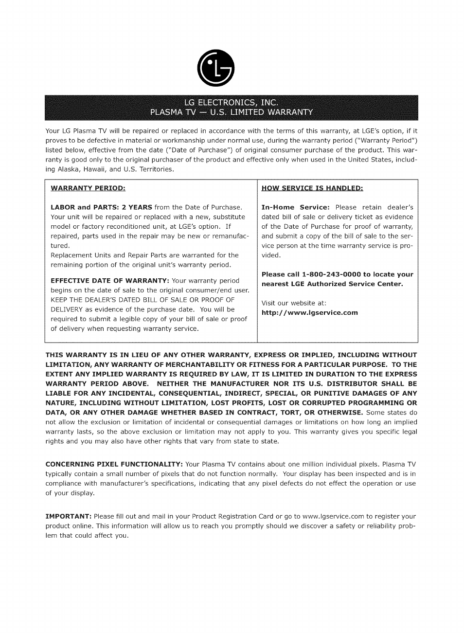 Lg electronics, inc, Plasma tv - u.s. limited warranty | LG RU-42PX10C User Manual | Page 43 / 44