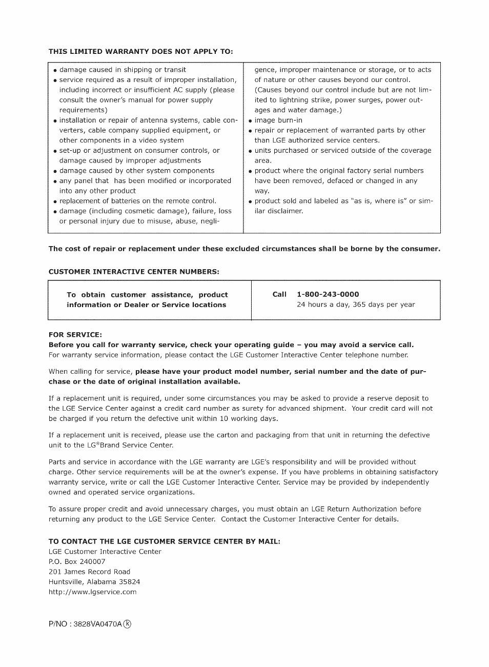 This limited warranty does not apply to, For service, To contact the lge customer service center by mail | LG RU-42PX10C User Manual | Page 44 / 44