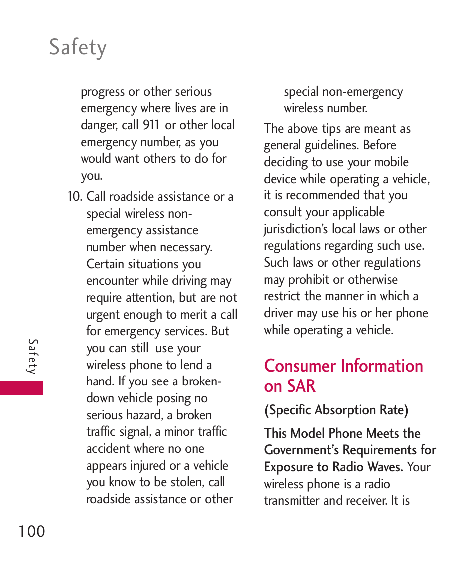 Consumer information on sar, Consumer information on sar, Safety | LG 260 User Manual | Page 102 / 240