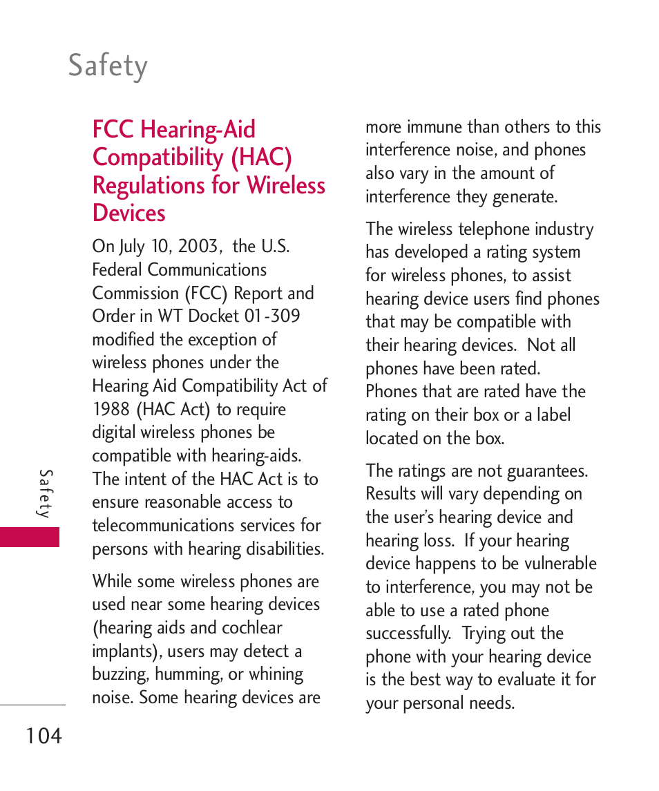 Fcc hearing-aid compatibilit, Safety | LG 260 User Manual | Page 106 / 240