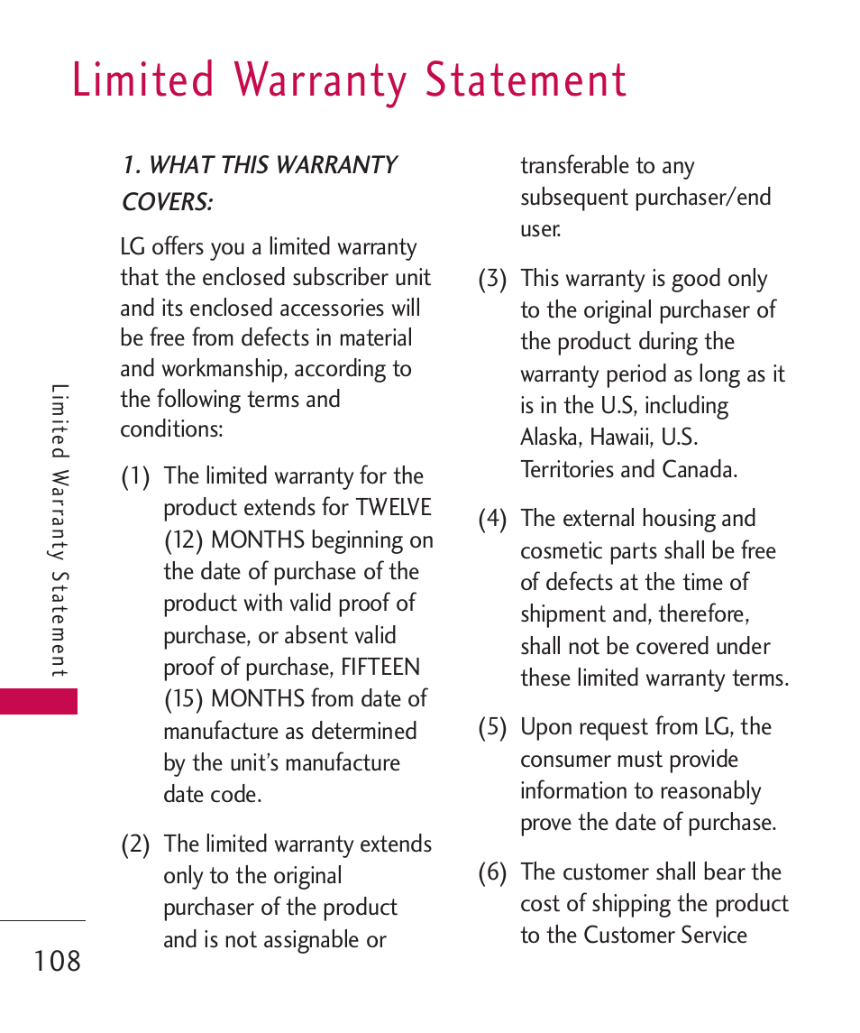 Limited warranty statement, Limited warranty statement | LG 260 User Manual | Page 110 / 240