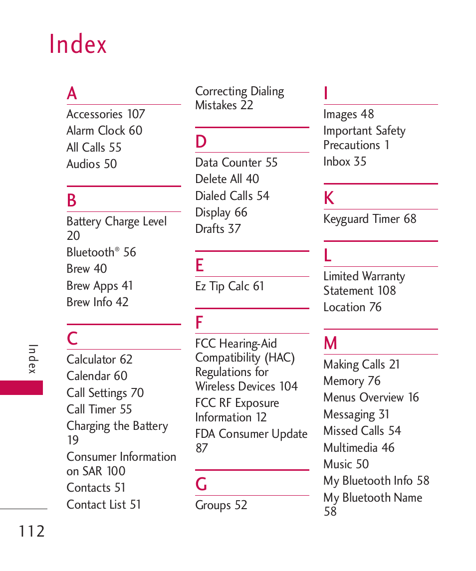 Index | LG 260 User Manual | Page 114 / 240
