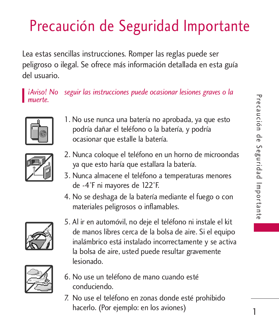 Precaución de seguridad impo, Precaución de seguridad importante | LG 260 User Manual | Page 116 / 240