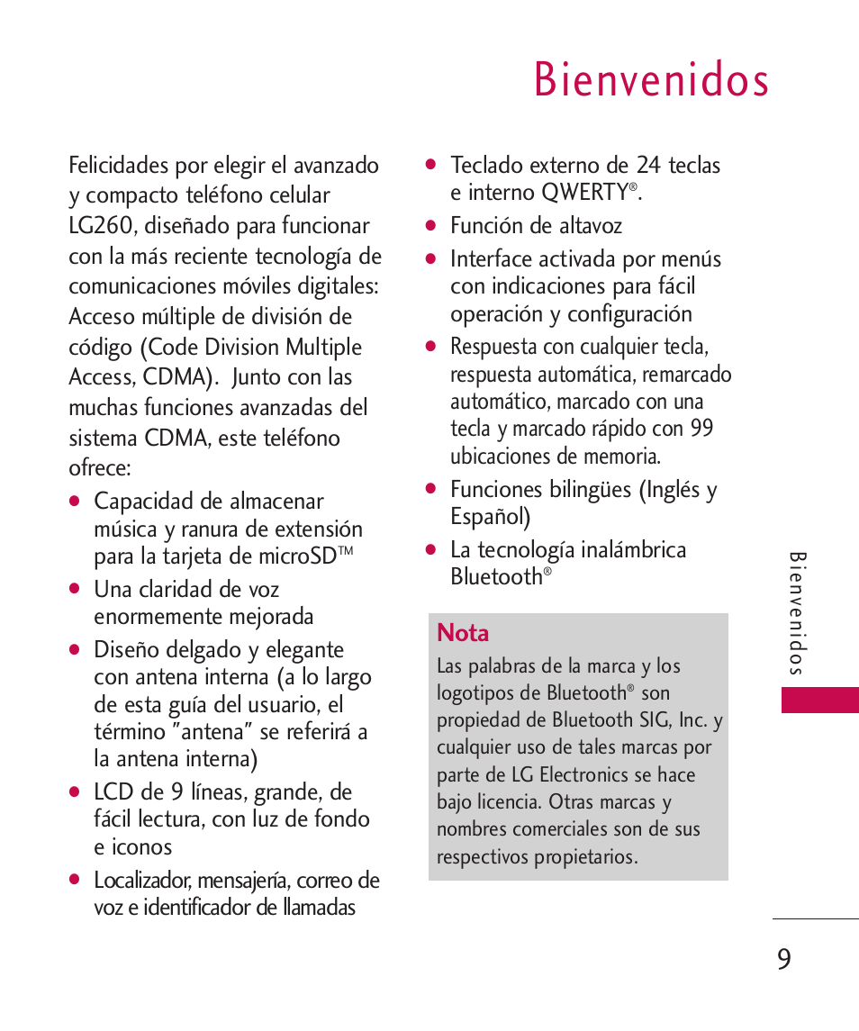 Bienvenidos, Nota, Una claridad de voz enormemente mejorada | Teclado externo de 24 teclas e interno qwerty, Función de altavoz, Funciones bilingües (inglés y español), La tecnología inalámbrica bluetooth | LG 260 User Manual | Page 124 / 240