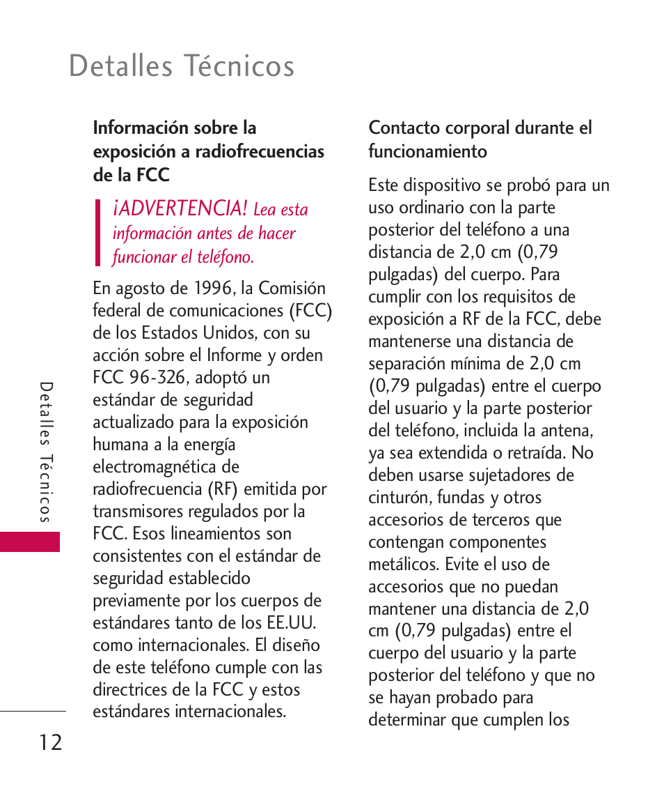 Información sobre la exposic, Detalles técnicos, Advertencia | LG 260 User Manual | Page 127 / 240