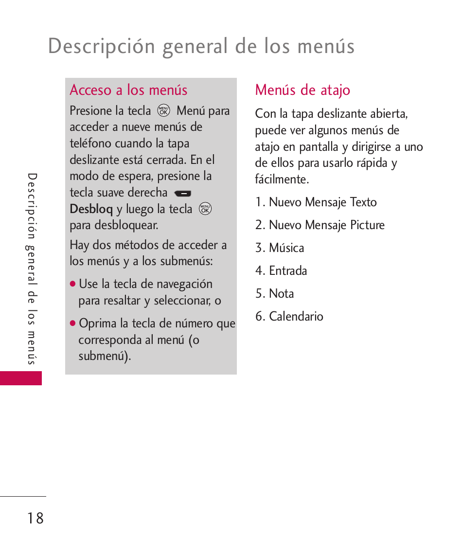 Acceso a los menús, Menús de atajo, Descripción general de los menús | LG 260 User Manual | Page 133 / 240