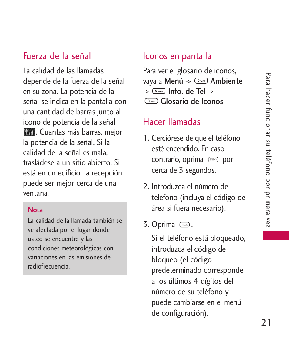Hacer llamadas, Fuerza de la señal, Iconos en pantalla | LG 260 User Manual | Page 136 / 240