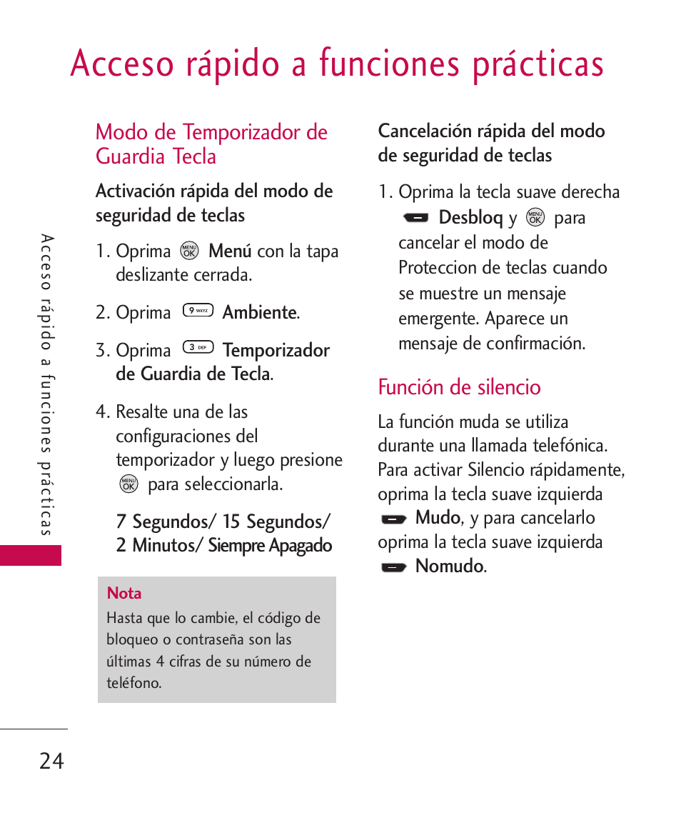 Modo de temporizador de guar, Función de silencio, Modo de temporizador de guardia tecla | Acceso rápido a funciones prácticas | LG 260 User Manual | Page 139 / 240