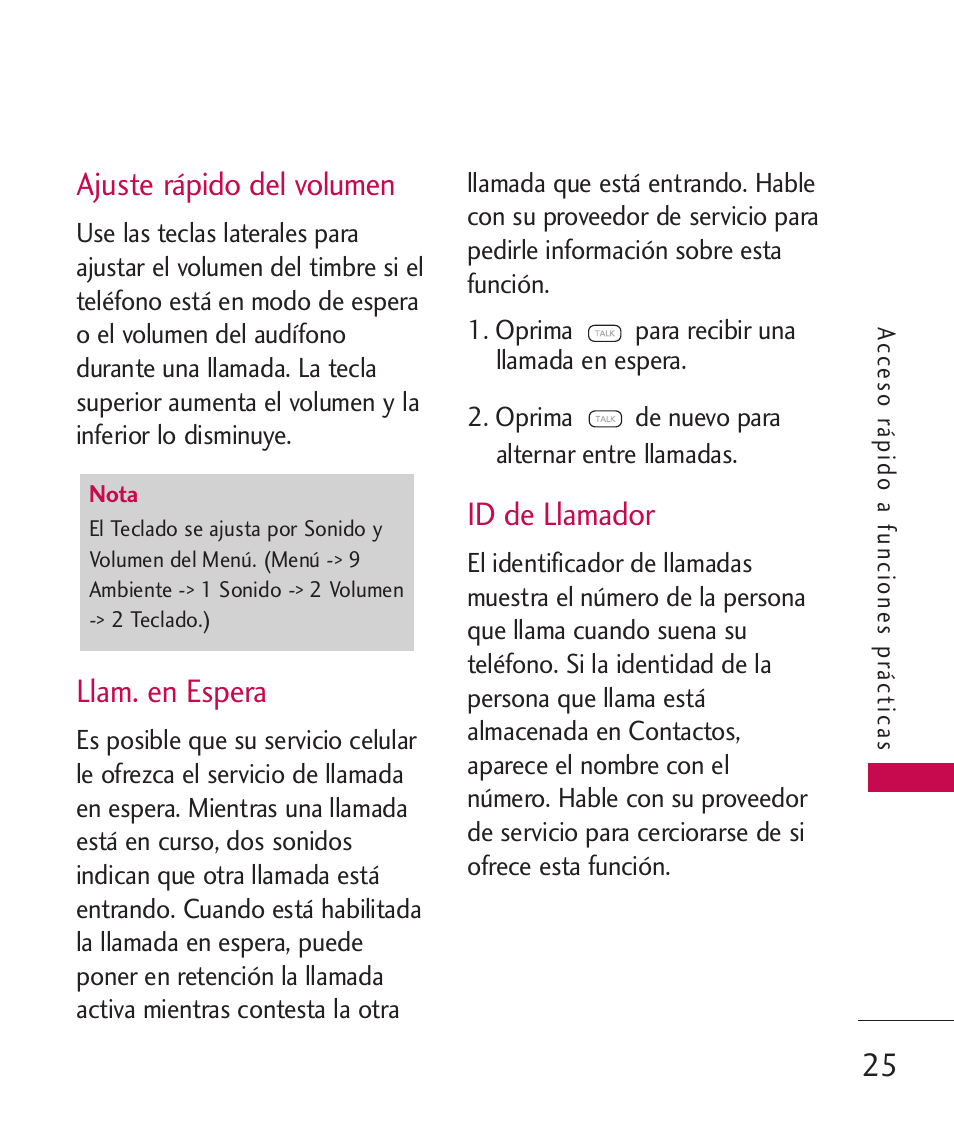 Ajuste rápido del volumen, Llam. en espera, Id de llamador | LG 260 User Manual | Page 140 / 240