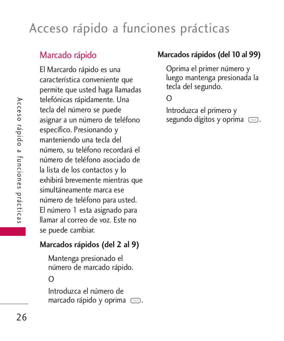 Marcado rápido, Acceso rápido a funciones prácticas | LG 260 User Manual | Page 141 / 240