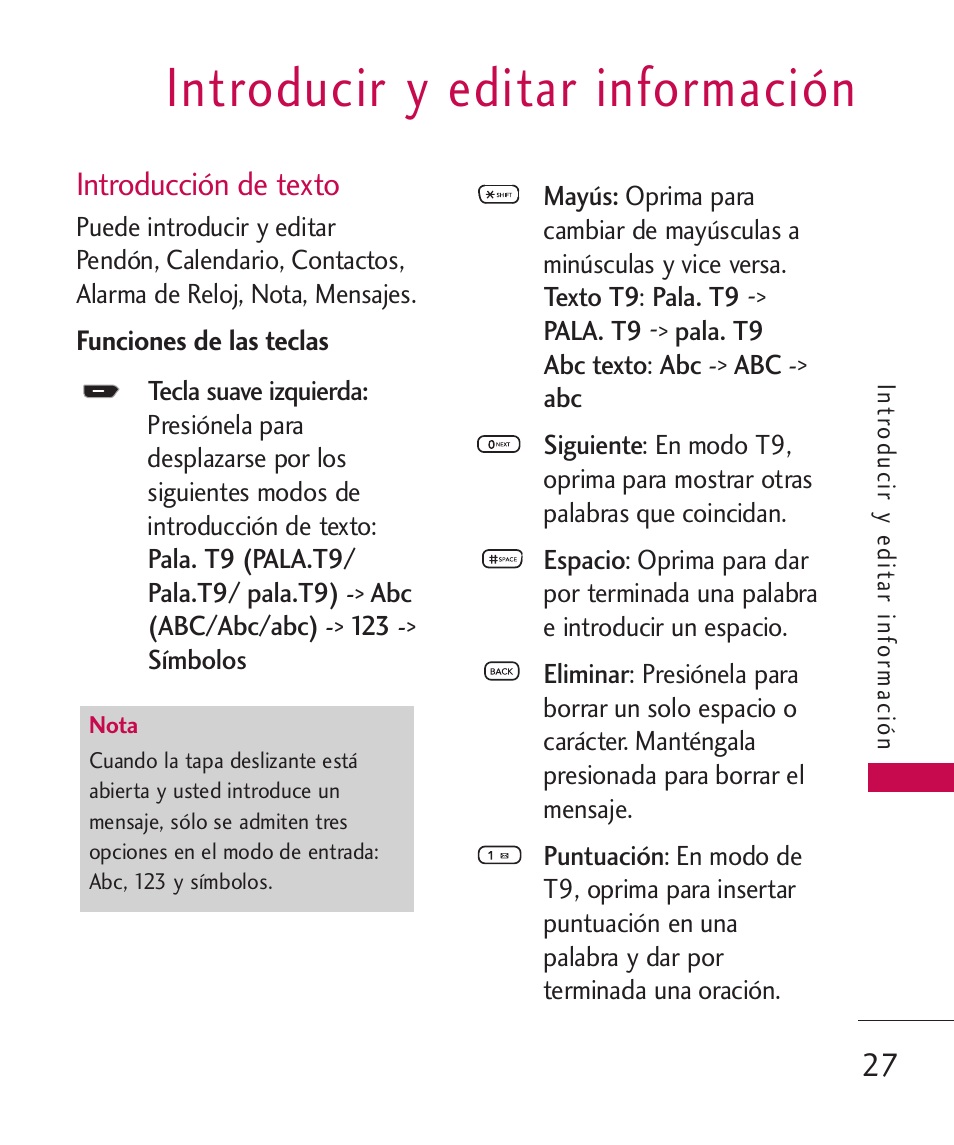 Introducir y editar información, Introducción de texto, Funciones de las teclas | LG 260 User Manual | Page 142 / 240
