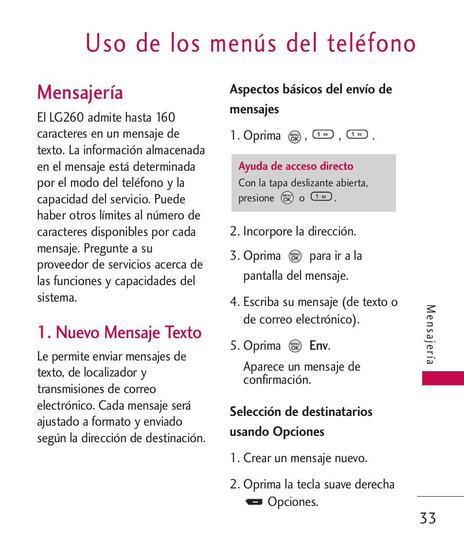 Uso de los menús del teléfono, Mensajería, Nuevo mensaje texto | LG 260 User Manual | Page 148 / 240