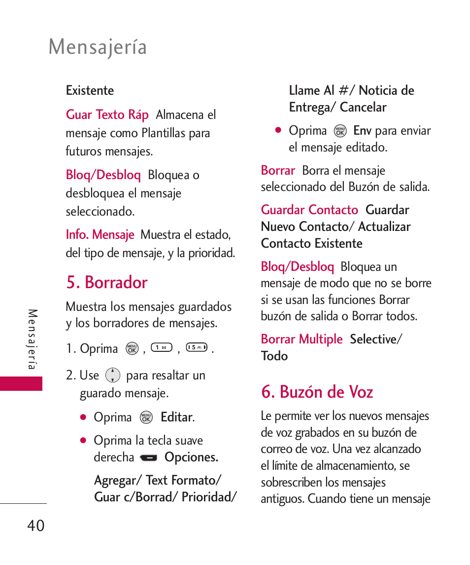 Borrador, Buzón de voz, Mensajería | LG 260 User Manual | Page 155 / 240